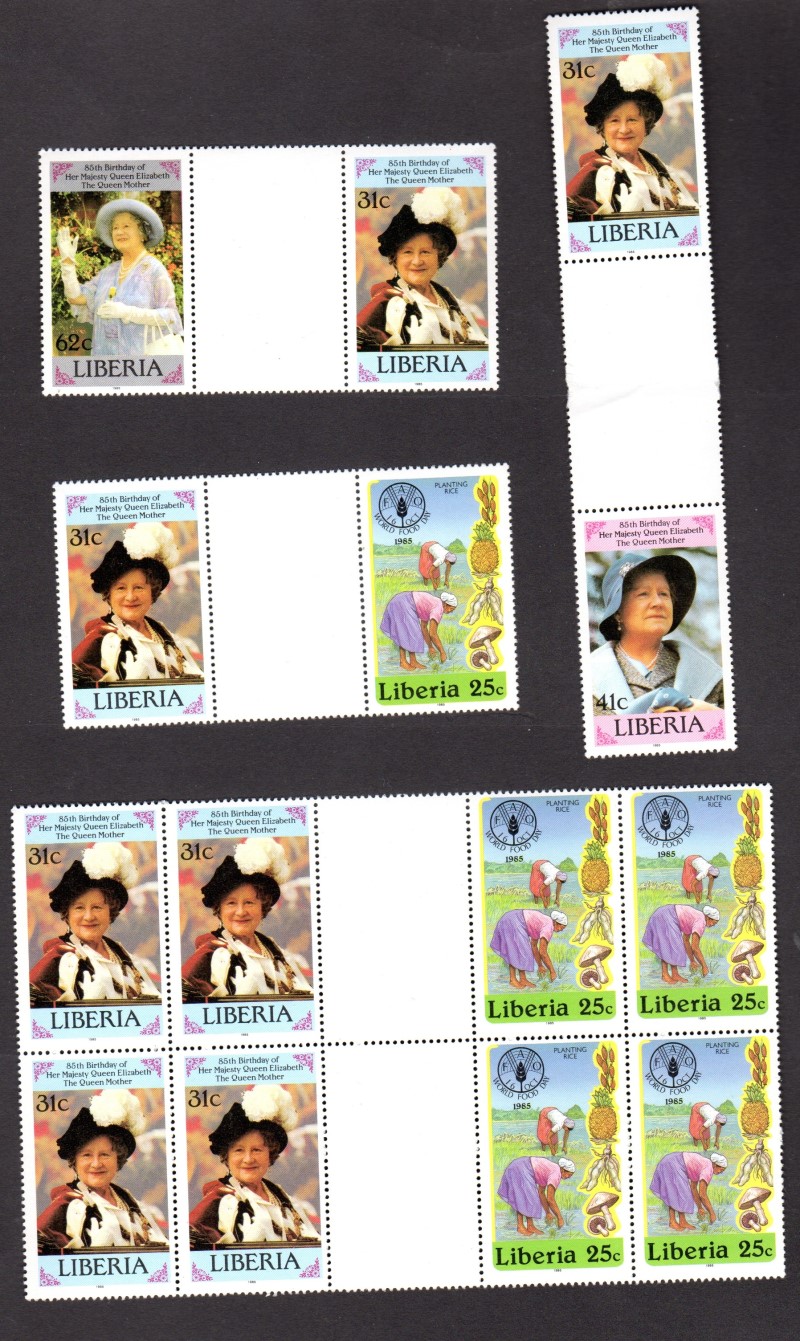 Liberia 1985 85th Birthday of Queen Elizabeth, The Queen Mother Gutter Pairs Liberia 1985 85th Birthday of Queen Elizabeth, The Queen Mother Gutter Pairs